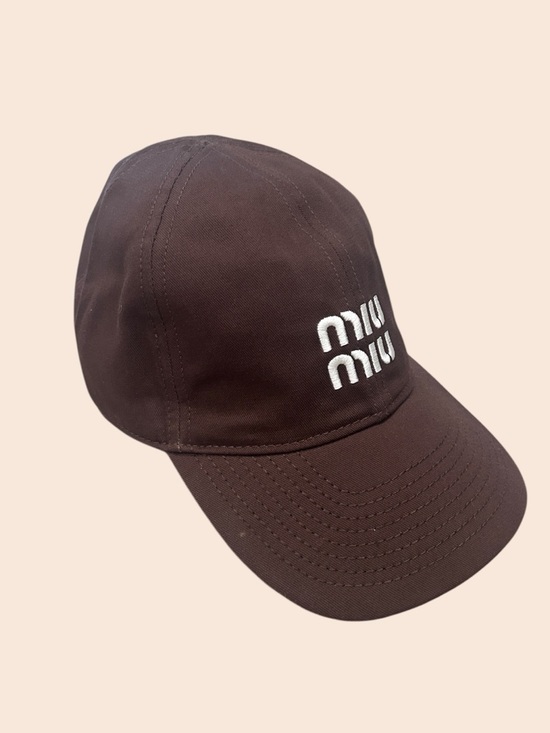 Miu Miu Accessories - Miu Miu Chocolate Brown Logo Cap with Blue Cord Detail